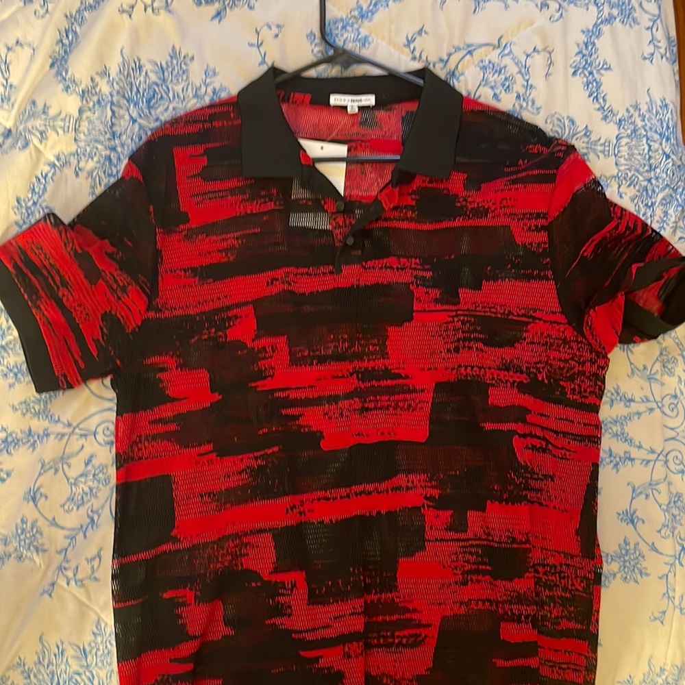 Fashion Nova Men short sleeve knit red/ see through black polo .